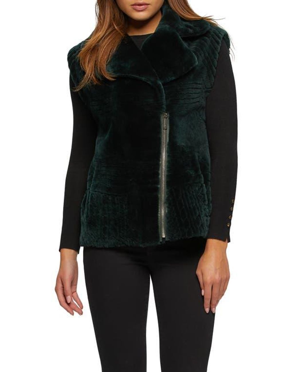 Gorski Black Genuine Shearling Zip Vest With Grooved Pattern