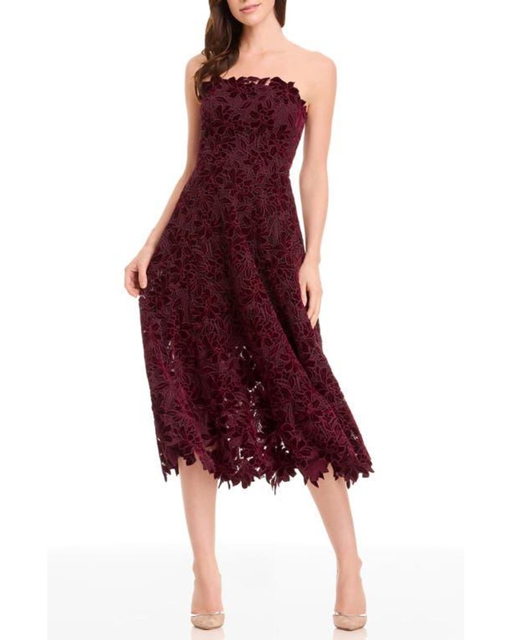 Dress the Population Kailyn Velvet Floral Lace Strapless Cocktail Dress in  Red | Lyst