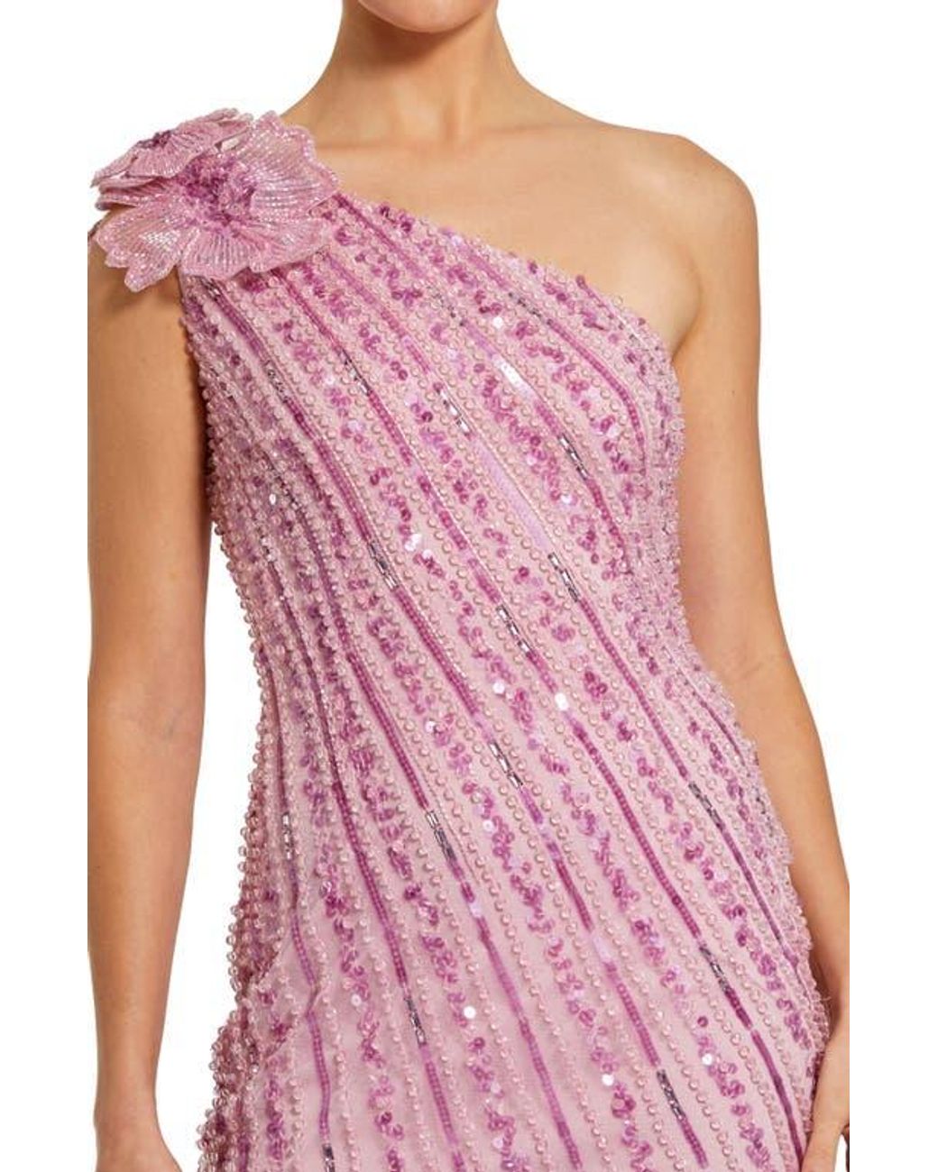 【Mac Duggal】Pink One Shoulder Beaded Mesh Dress 関税送料込 Mac Duggal 3D Flower Detail One Shoulder Beaded Mesh Gown in