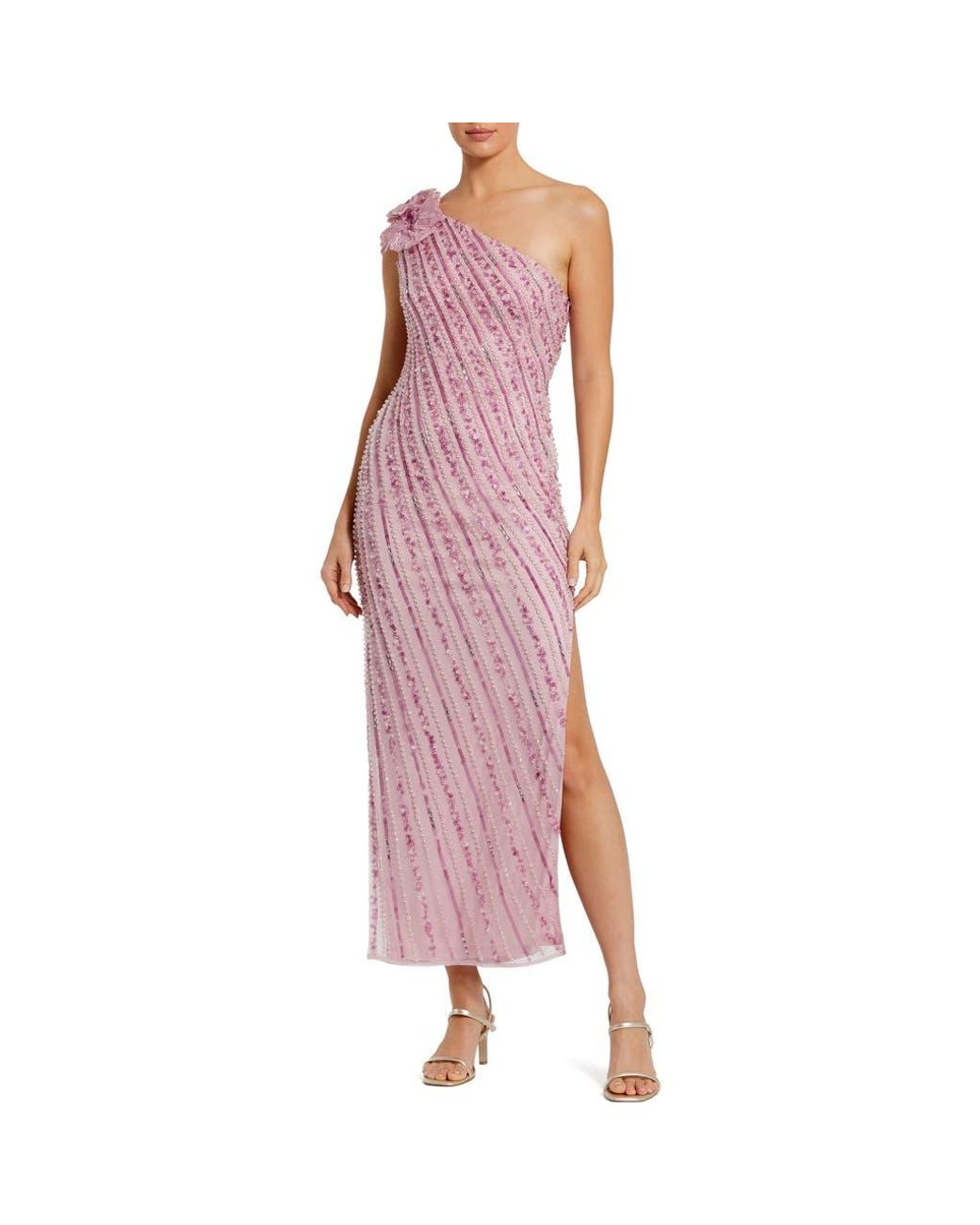 【Mac Duggal】Pink One Shoulder Beaded Mesh Dress 関税送料込 Mac Duggal 3D Flower Detail One Shoulder Beaded Mesh Gown in