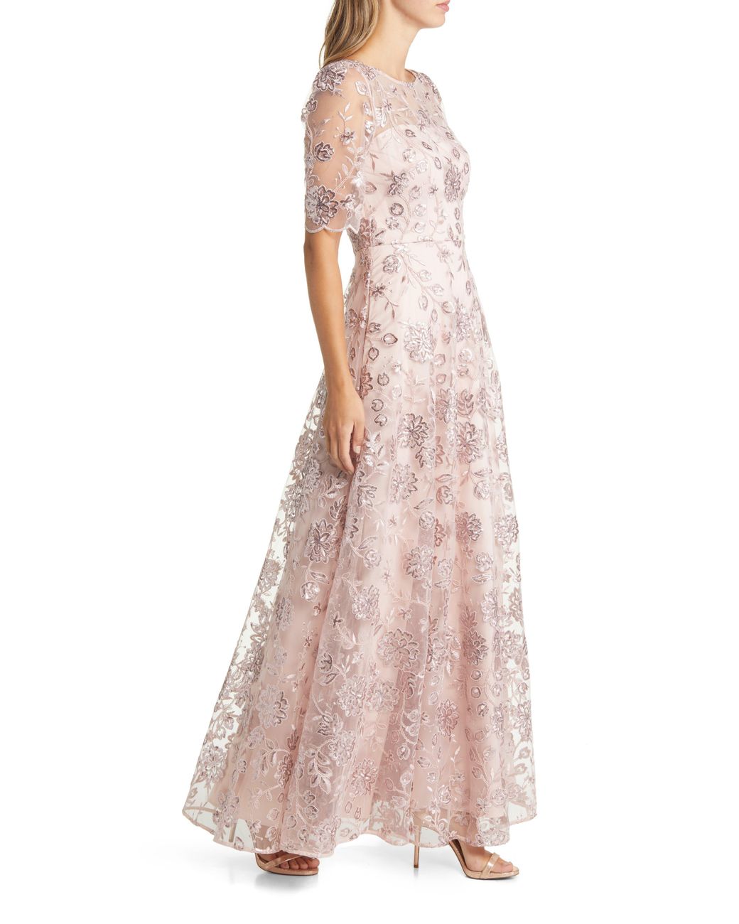 Floral appliqué lace top gown eliza j