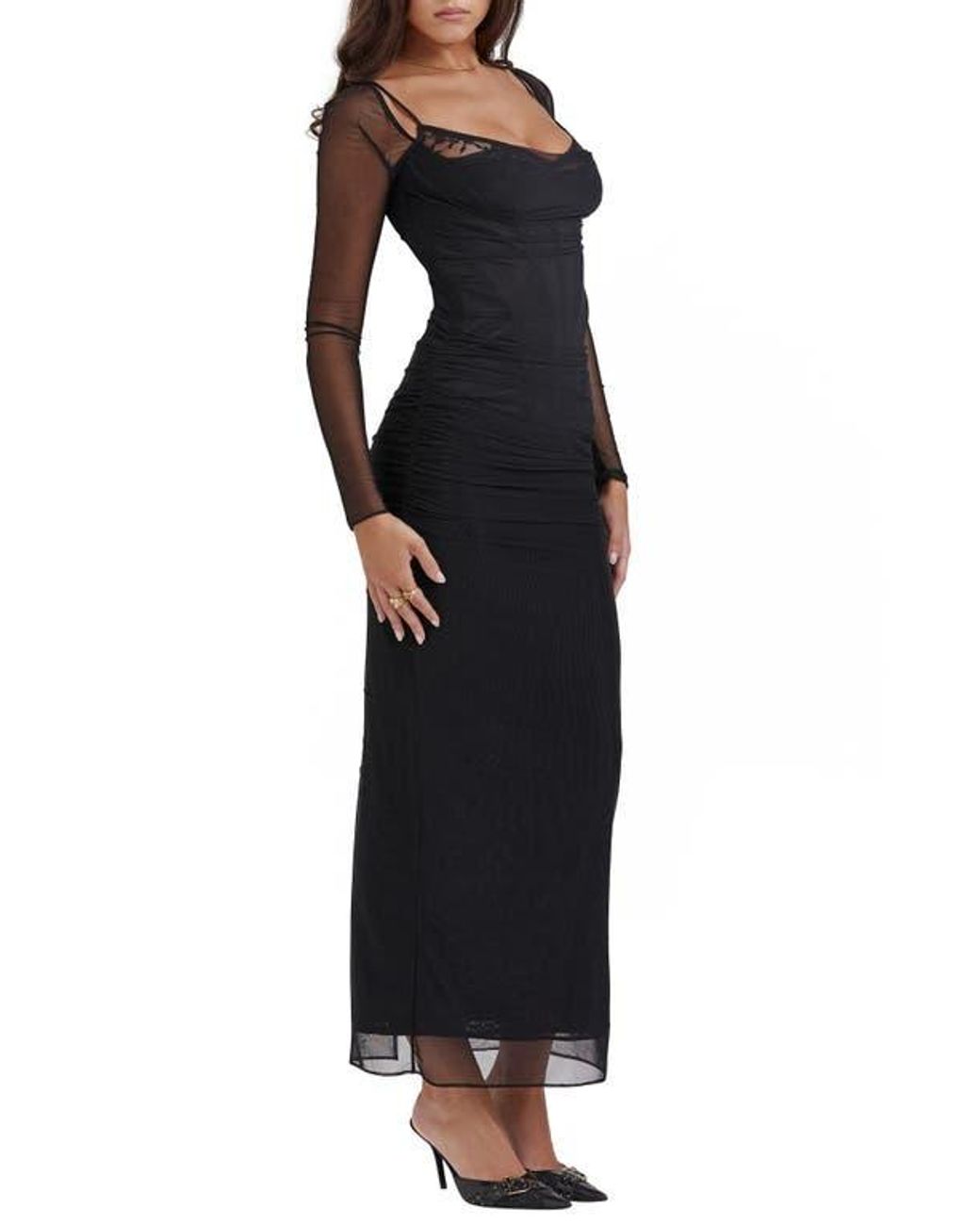 House Of Cb Katrina Lace Mesh Long Sleeve Gown in Black | Lyst