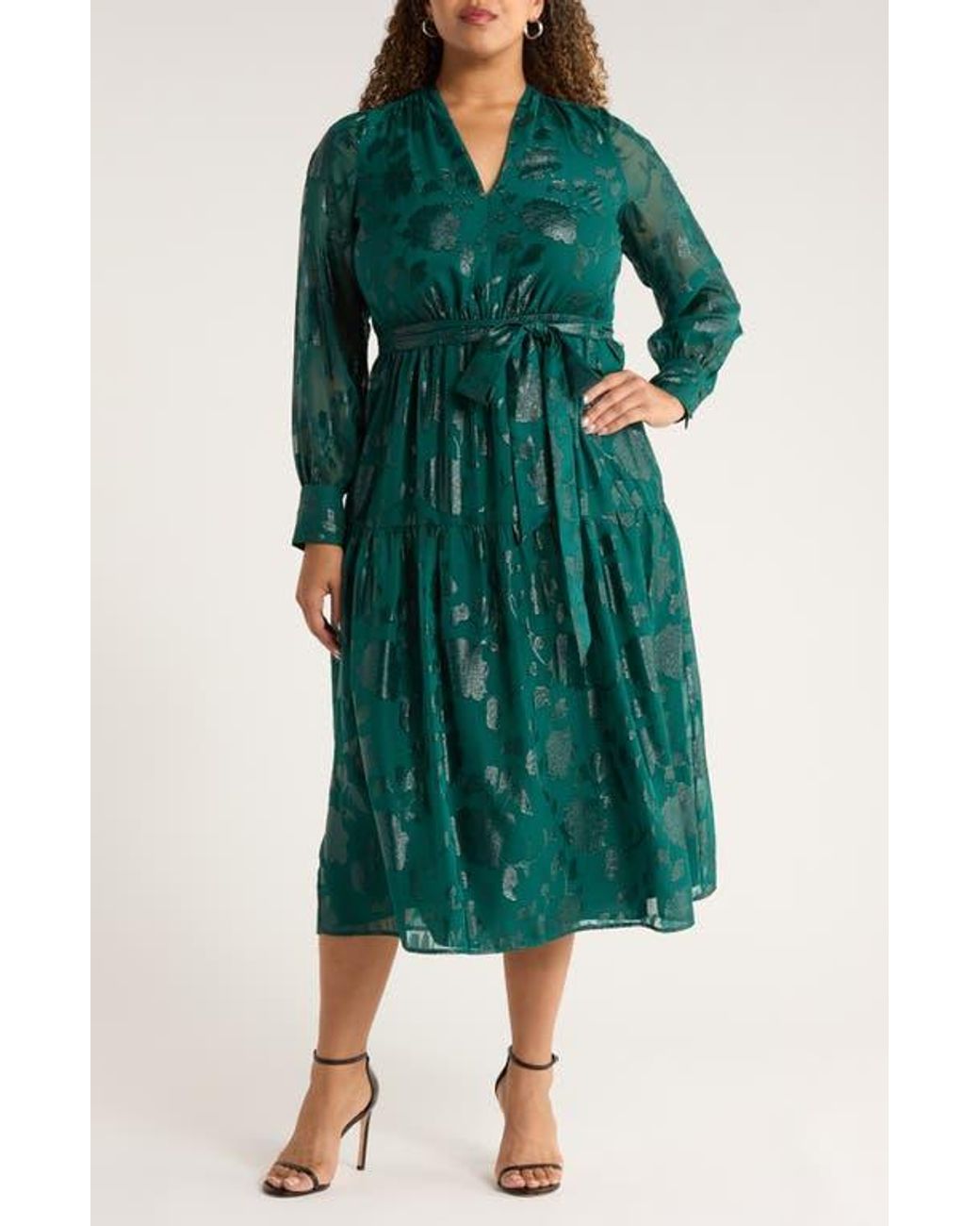 Anne Klein Floral Metallic Long Sleeve Asymmetric Tiered Dress in Green |  Lyst