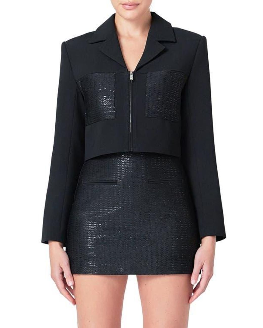 Endless Rose Black Sequin Pocket Crop Blazer