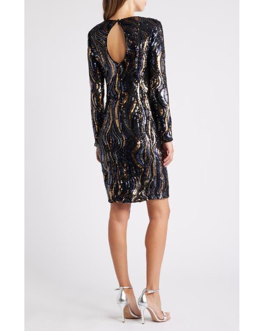 Vince Camuto Sequin Swirl Long Sleeve Cocktail Dress in Black | Lyst