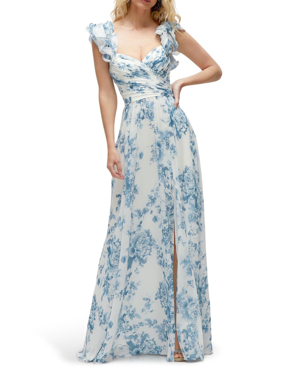 After Six Blue Ruffle Strap Gown