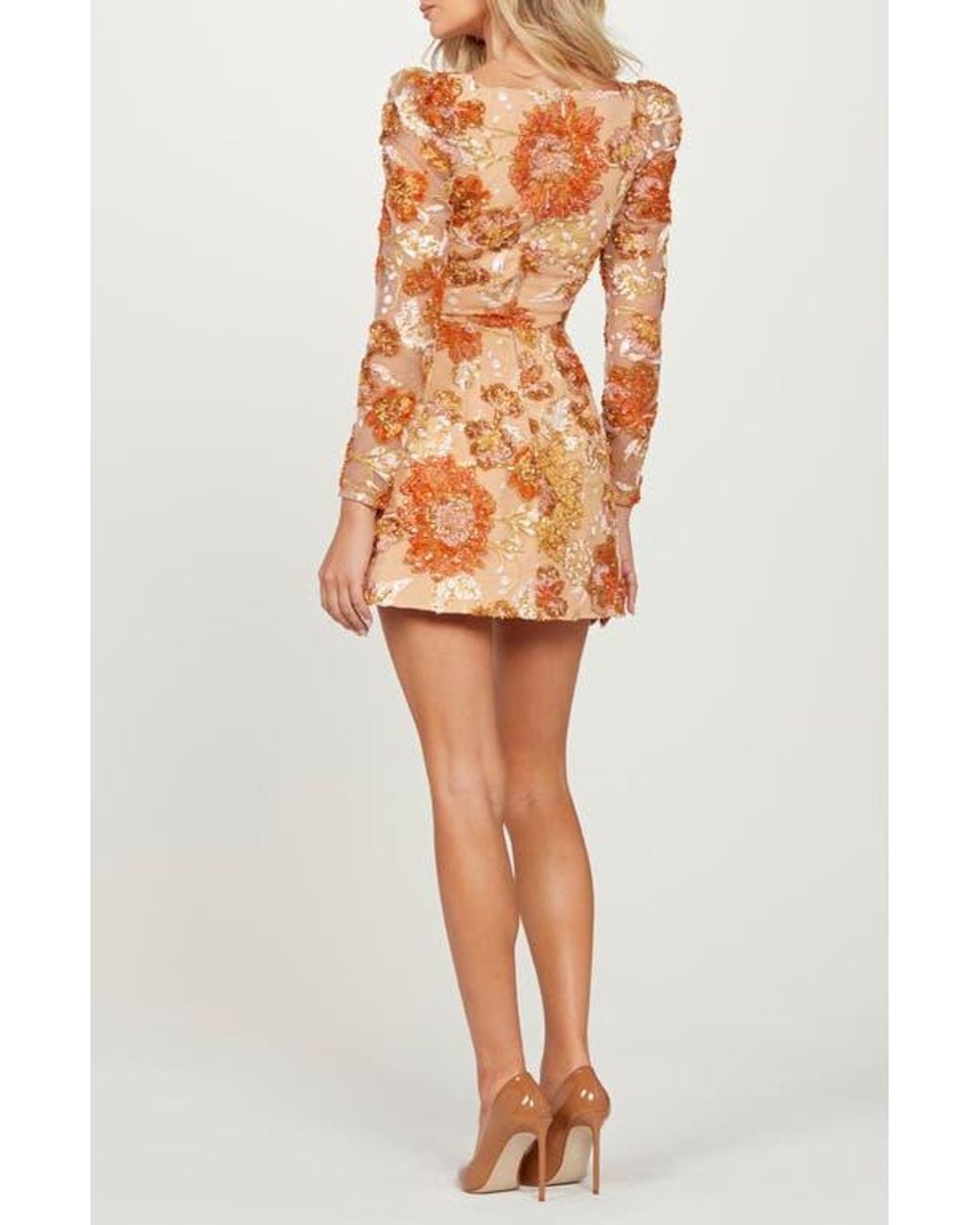 HELSI Kristen Sequin Floral Long Sleeve Cocktail Minidress in Orange | Lyst
