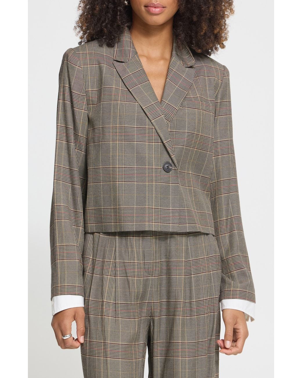 Ichi Gray Plaid Cropped Blazer