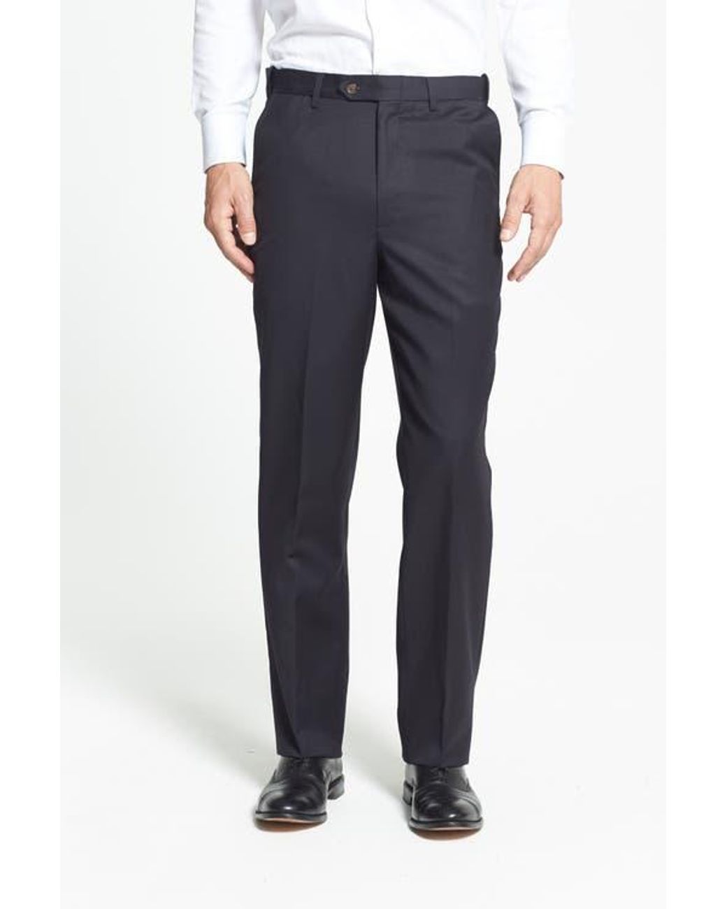 Berle Blue Self Sizer Waist Flat Front Classic Fit Wool Gabardine Trousers for men