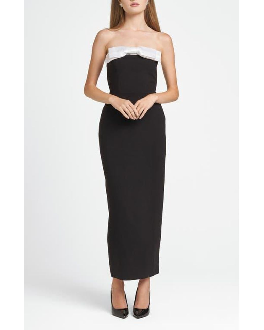 Wayf X Chrie Madeleine Coco Bow Colorblock Strapless Dress in Black | Lyst