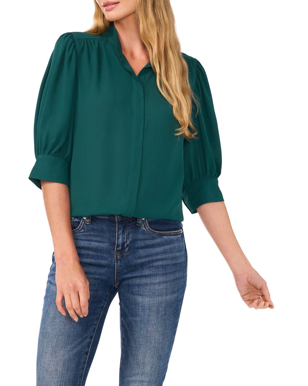 Cece Green Puff Sleeve Button-Up Shirt
