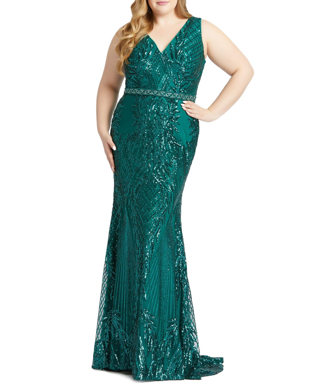 mac duggal green sequin gown