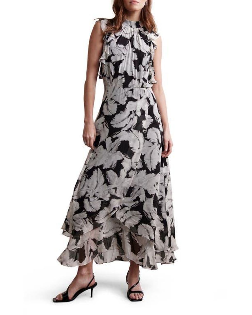 knee length dresses for ladies Black Palm Print Ruffle Midi Dress – Mint Velvet main image 0