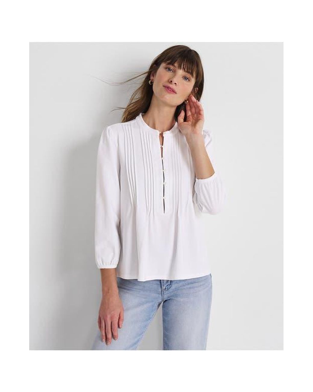 Lands' End White Plus Size Lightweight Jersey Button Pintuck Top