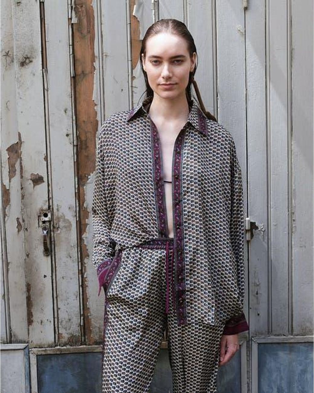 Monzlapur Brown Embossed Botanical Crepe Pant