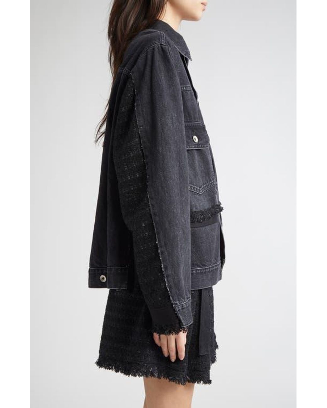 Sacai Mixed Media Denim & Tweed Trucker Jacket in Black | Lyst