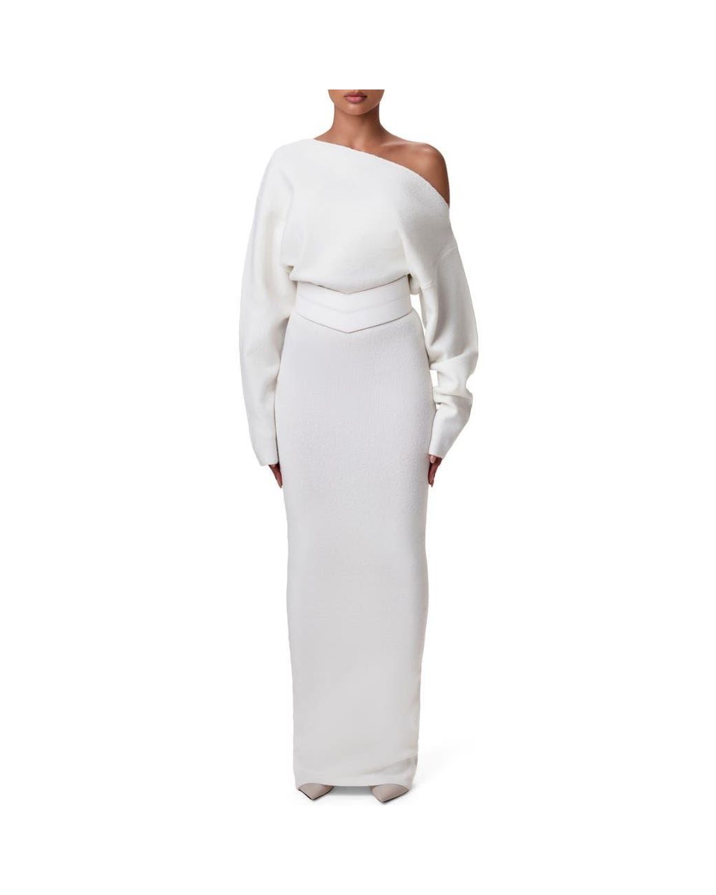 Naked Wardrobe One-Shoulder Long Sleeve Maxi Sweater Dress in Gray | Lyst