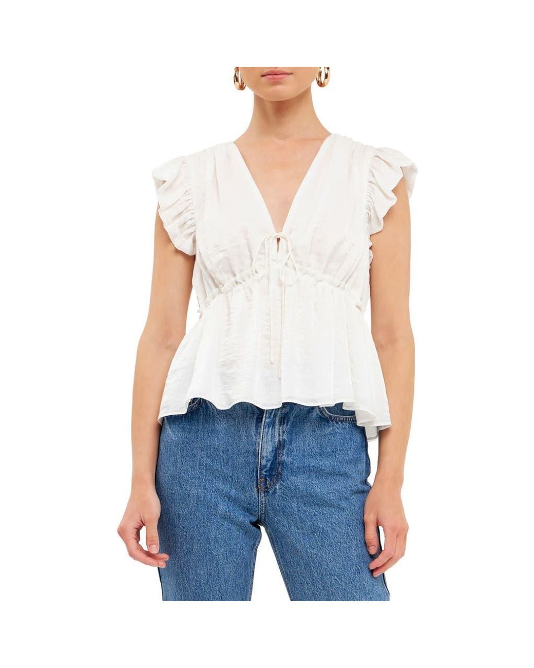 Endless Rose Blue Flutter Sleeve Tie Neck Blouse