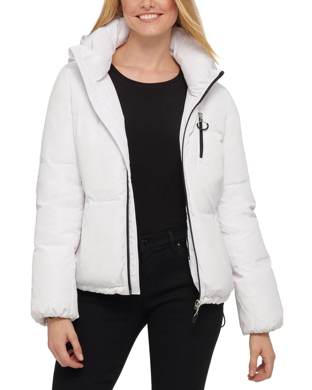 Karl Lagerfeld Cropped Water Resistant Hooded Down & Feather Puffer Coat in White - Lyst