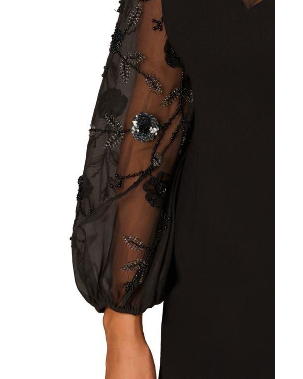 adrianna papell lace embroidery black dress Cap Sleeve Lace Cocktail Dress With Feather Trim In Black Nude main image 0