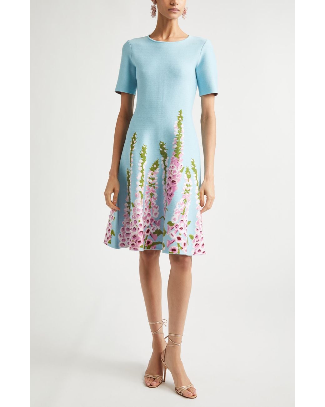 Oscar de la Renta Foxglove Jacquard Knit Fit & Flare Dress in Blue