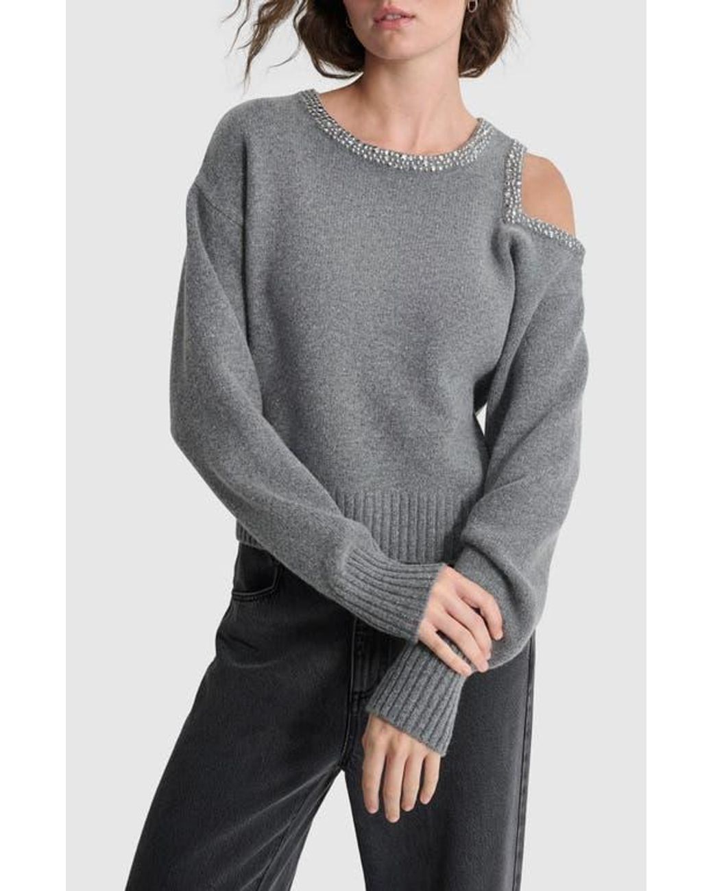 DKNY Studded One Shoulder Merino Wool Cashmere Sweater in Gray Lyst