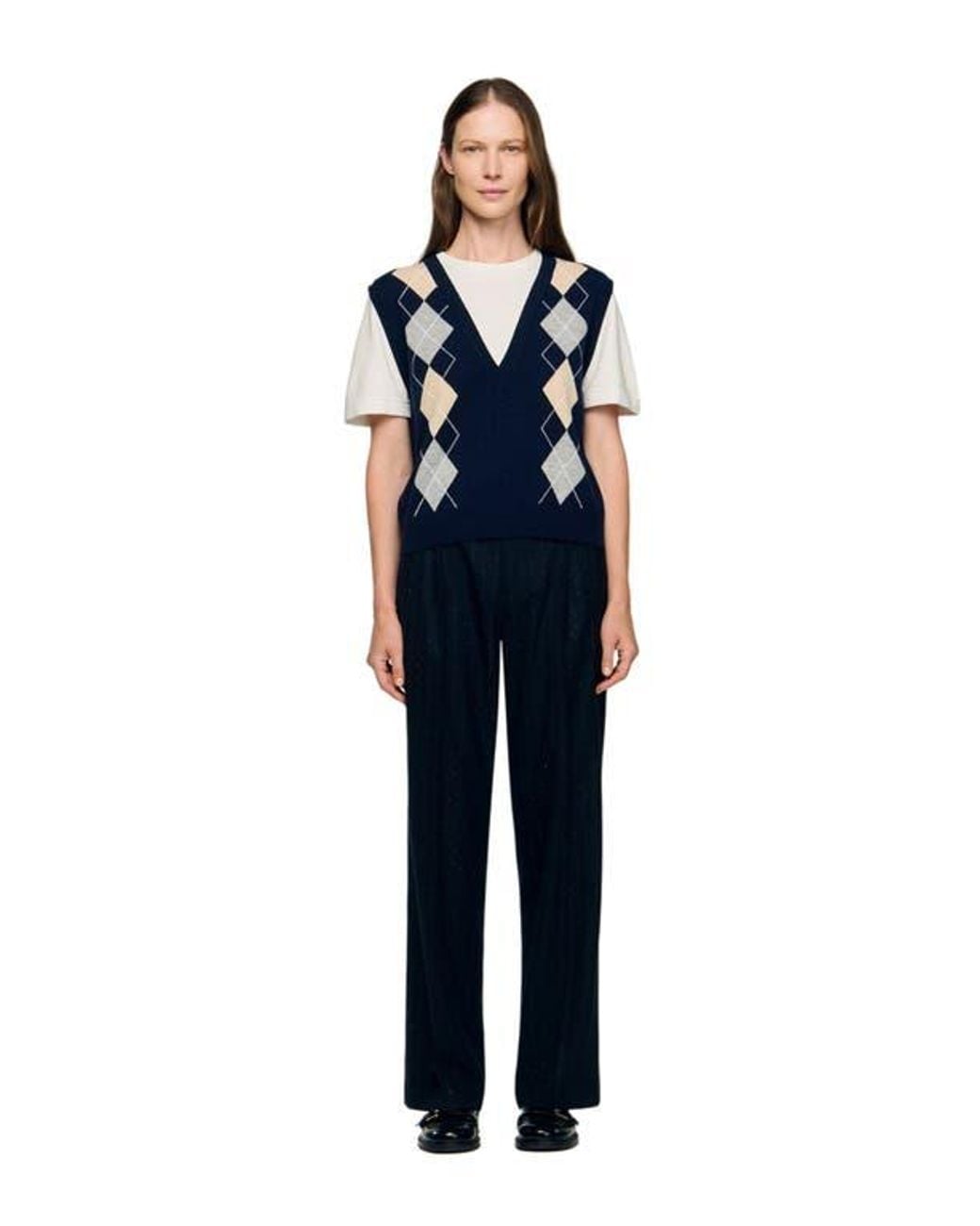 Sandro Blue Argyle Layered Effect Sweater