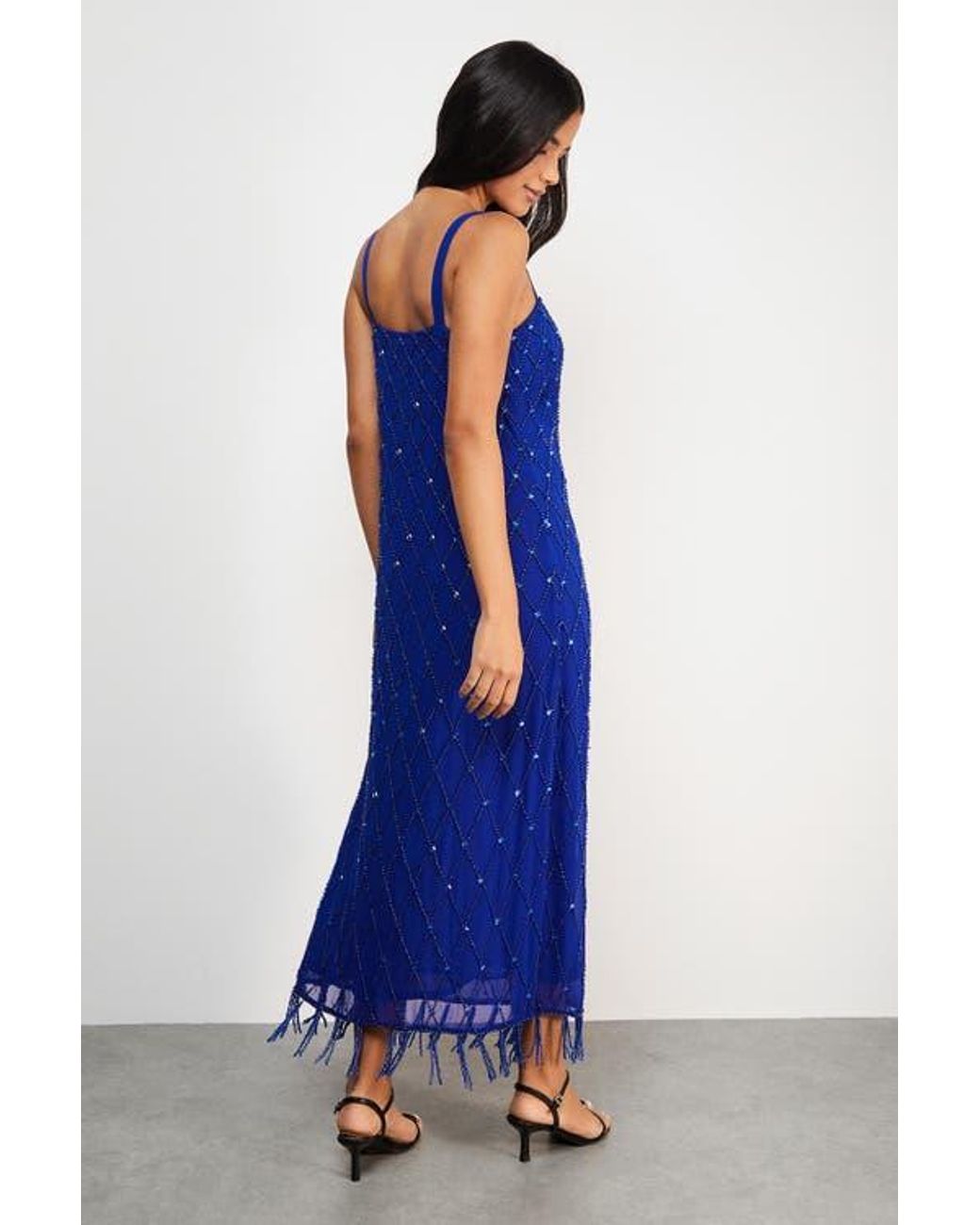 Warehouse Blue Hand Embellished Fringe Hem Midi Dress