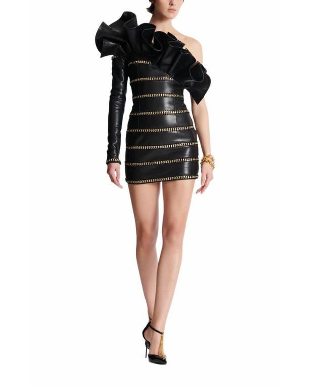 Balmain Asymmetric Leather Bodycon Dress With Chains in Black | Lyst