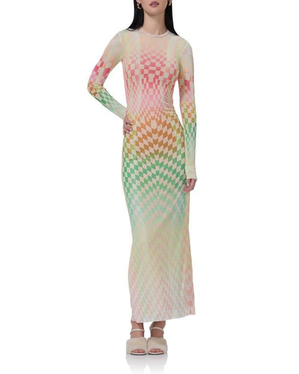 AFRM Didi Printed Long Sleeve Mesh Maxi Dress in Green | Lyst