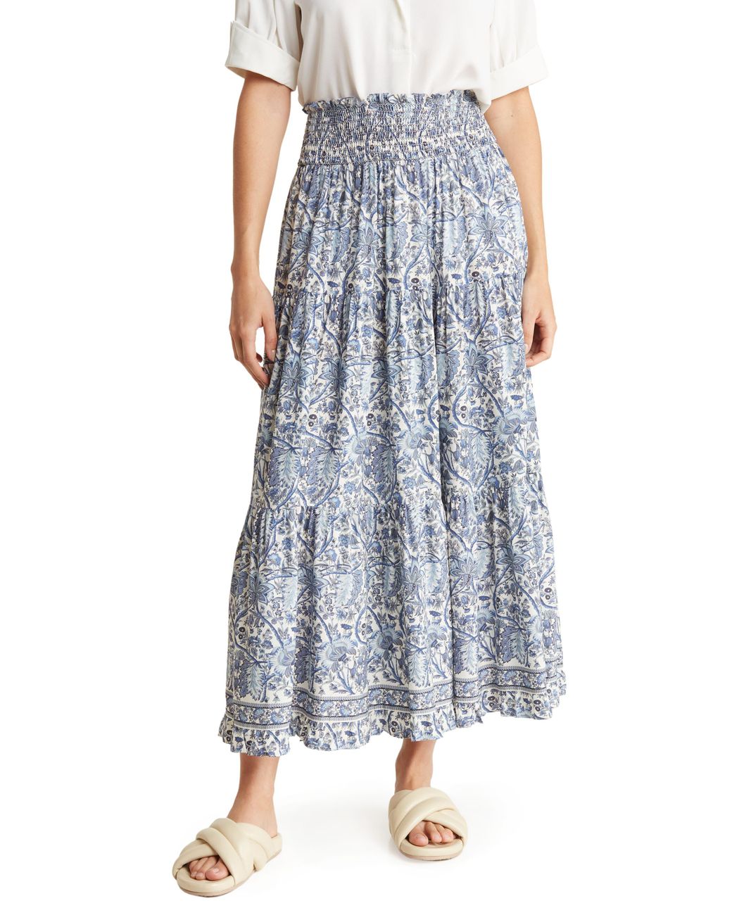 Max Studio Floral Smocked Tiered Maxi Skirt in Blue | Lyst