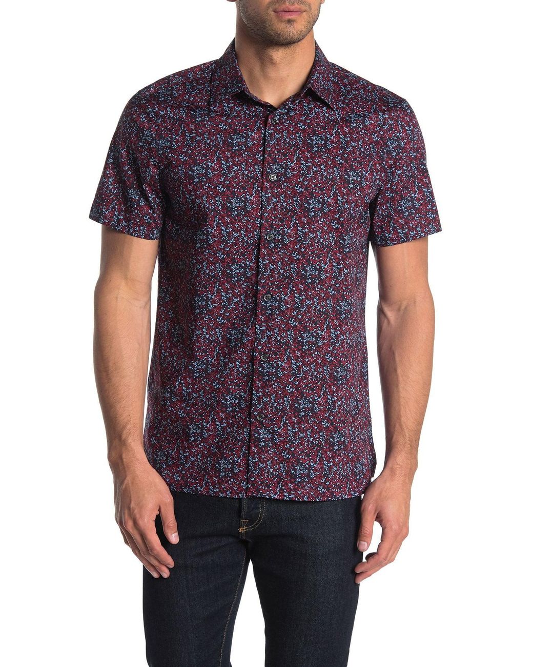 Perry Ellis Short Sleeve Slim Fit Stretch Button Down Shirt in Purple