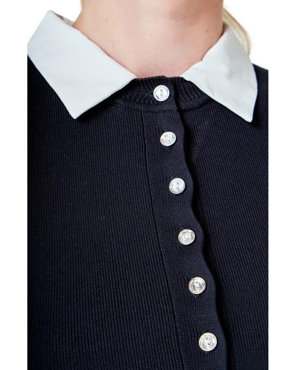 Endless Rose Blue Contrast Collar Button Front Knit Top