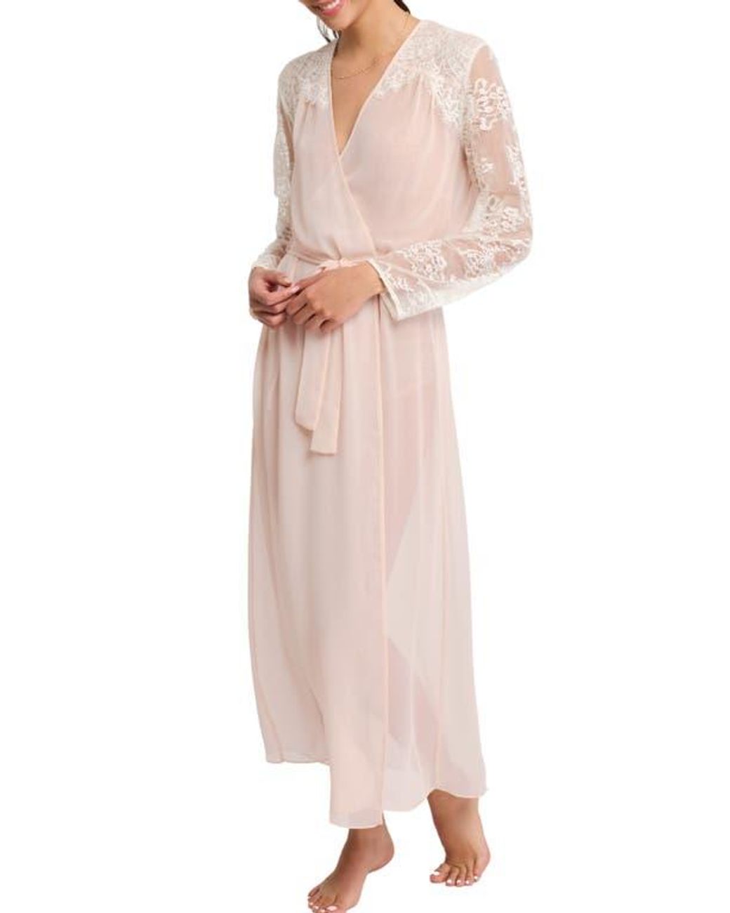 Chiffon Robe Long Rya Collection Giselle Lace & Chiffon Long Robe in Pink | Lyst