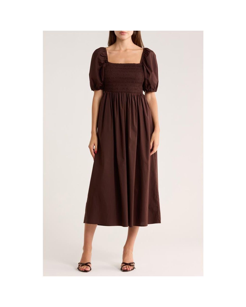 Wayf Puff Sleeve Smocked Midi Dress in Brown | Lyst