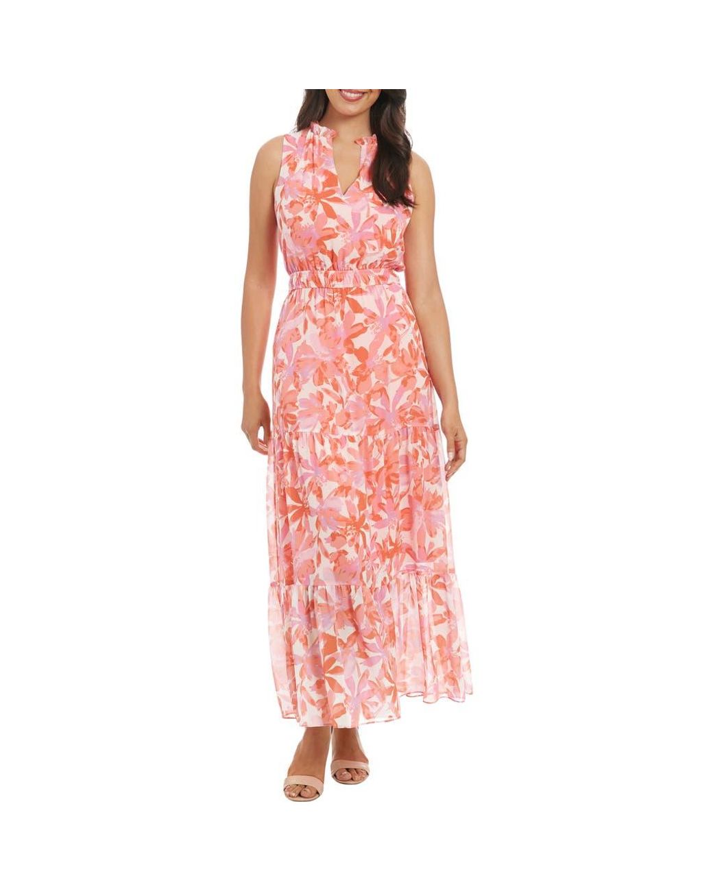 London Times Floral Sleeveless Tiered Chiffon Maxi Dress in Pink | Lyst