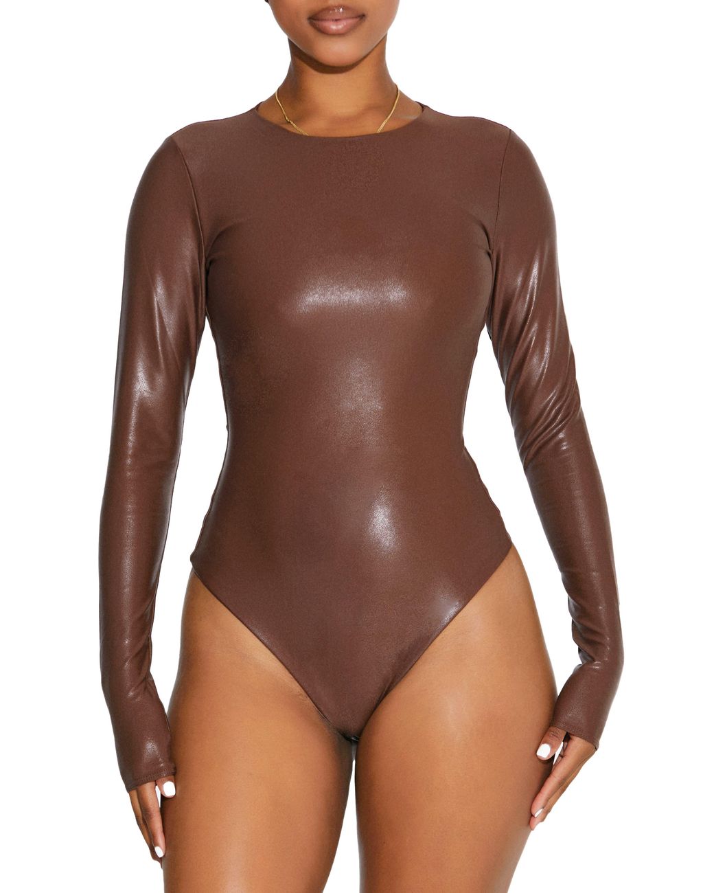 Naked Wardrobe In A Drip Long Sleeve Faux Leather Bodysuit in