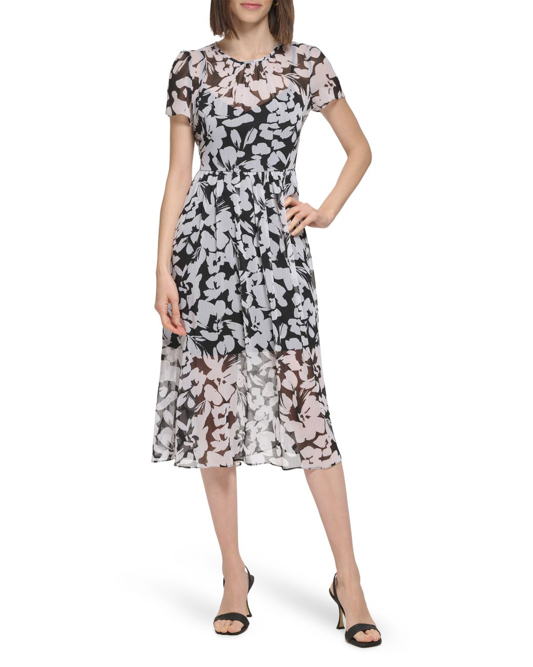Calvin Klein Floral Short Sleeve Chiffon A line Midi Dress Lyst