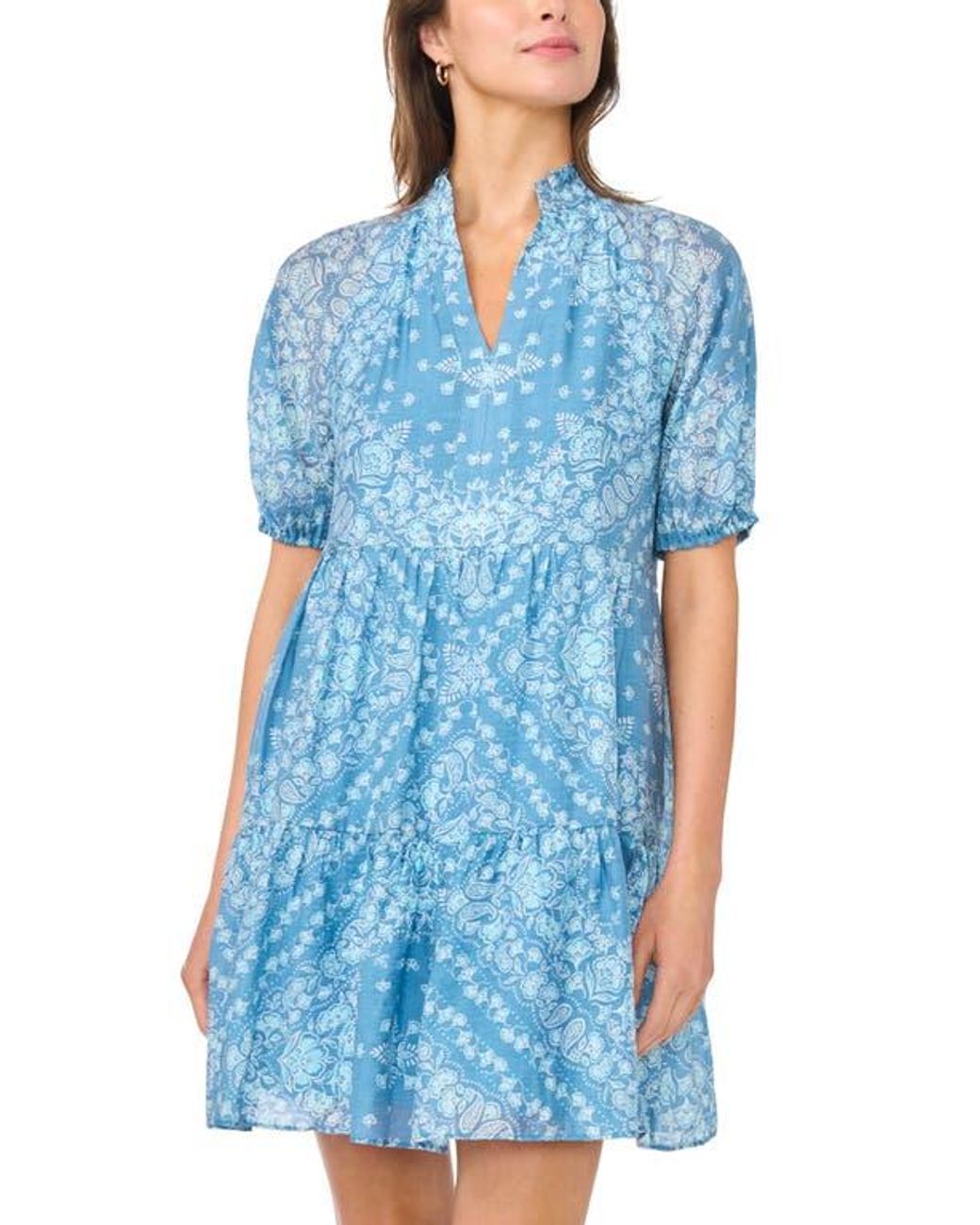 Halogen® Blue Tiered Split Neck Dress