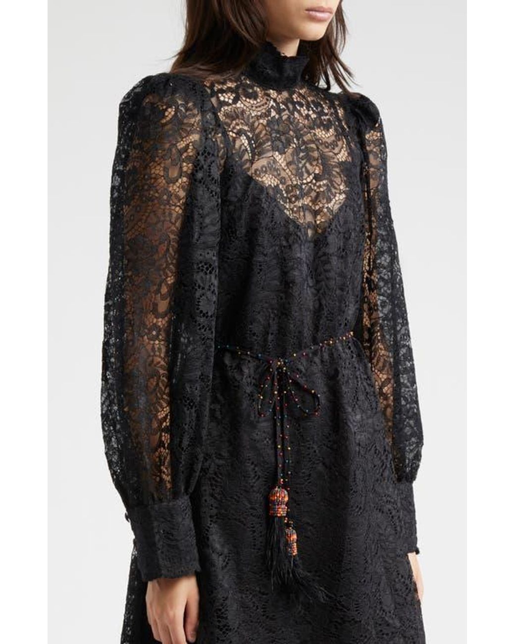 FARM Rio Lace Tie Belt Long Sleeve Dress in Black | Lyst