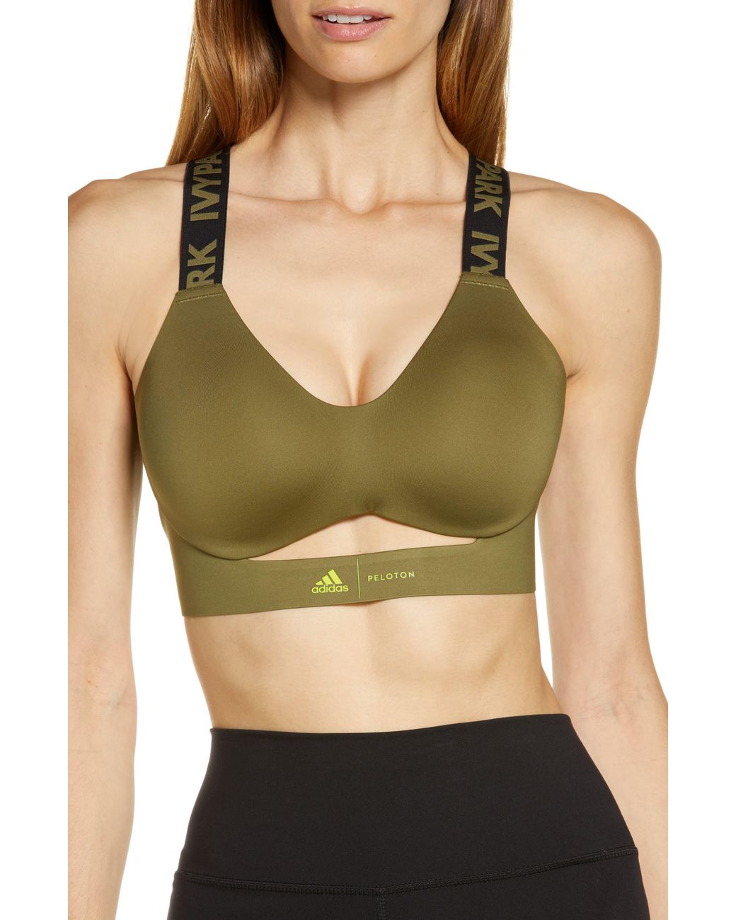 adidas X Ivy Park Peloton Tape Crisscross Sports Bra In Focoli/bla At