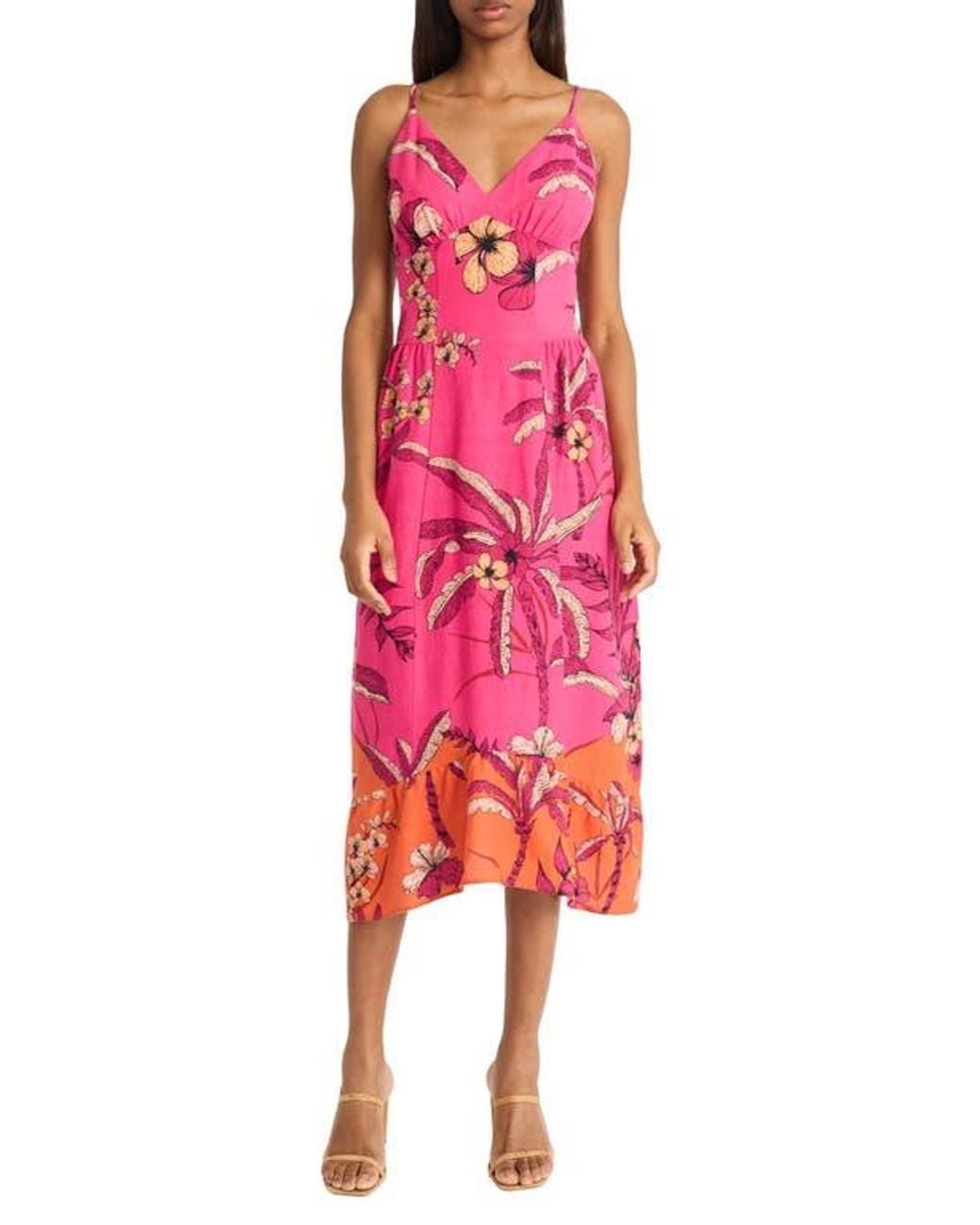 DONNA MORGAN FOR MAGGY Floral Linen Blend Fit & Flare Midi Dress in Red |  Lyst