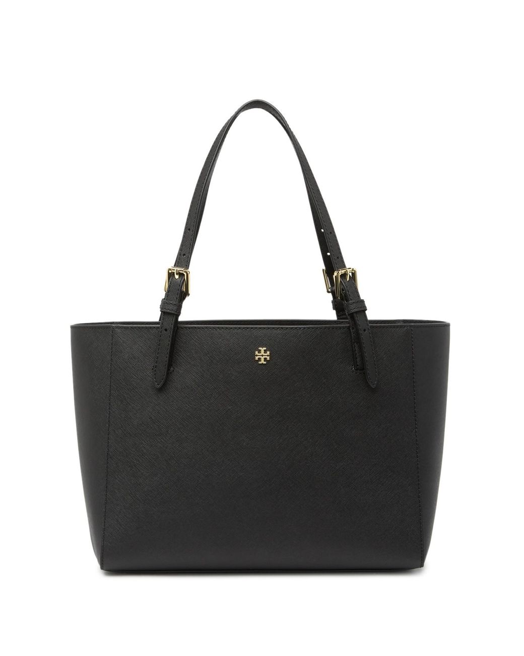 Tory Burch Emerson Small Saffiano Leather Buckle Tote in Black | Lyst