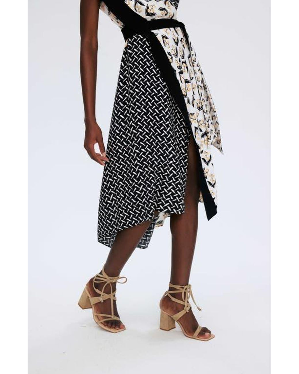 Diane von Furstenberg Black Ellen Mixed Print Asymmetric Hem Wrap Dress