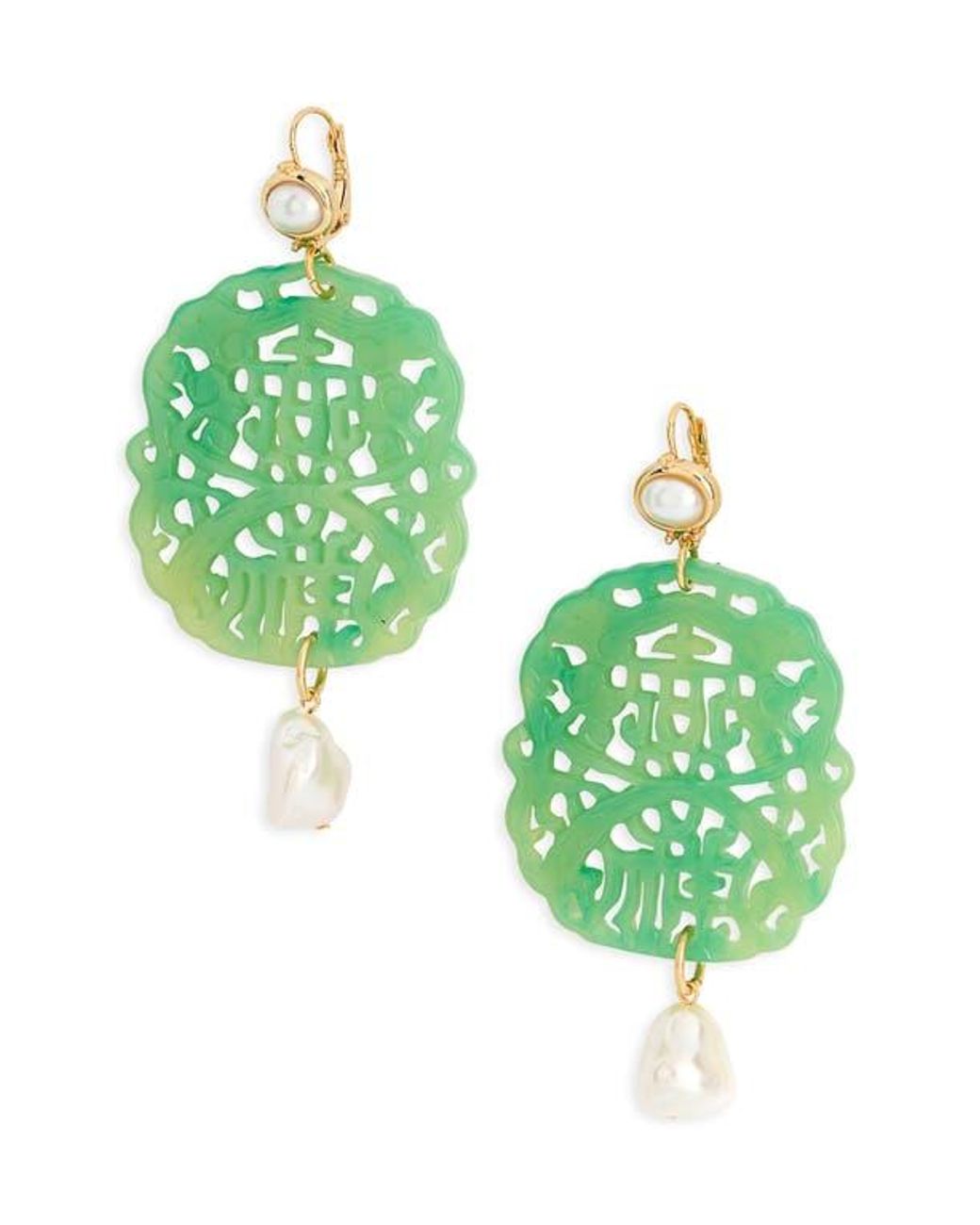 Kenneth Jay Lane Green Carved Stone Faux Pearl Drop Earrings