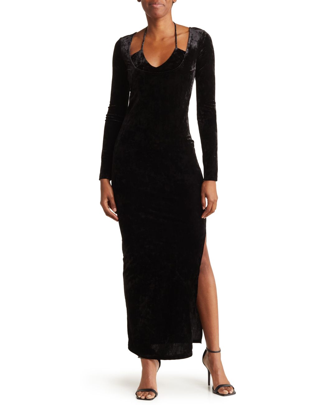 Torn By Ronny Kobo Callie Long Sleeve Velvet Maxi Dress In Jet