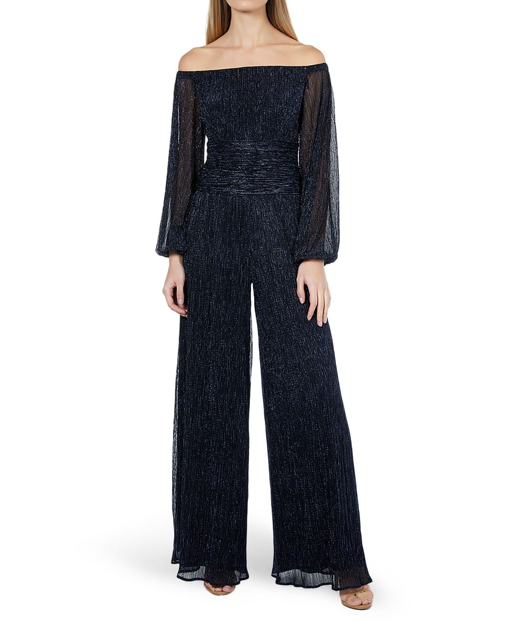 Metallic Chiffon Jumpsuit In Navy 