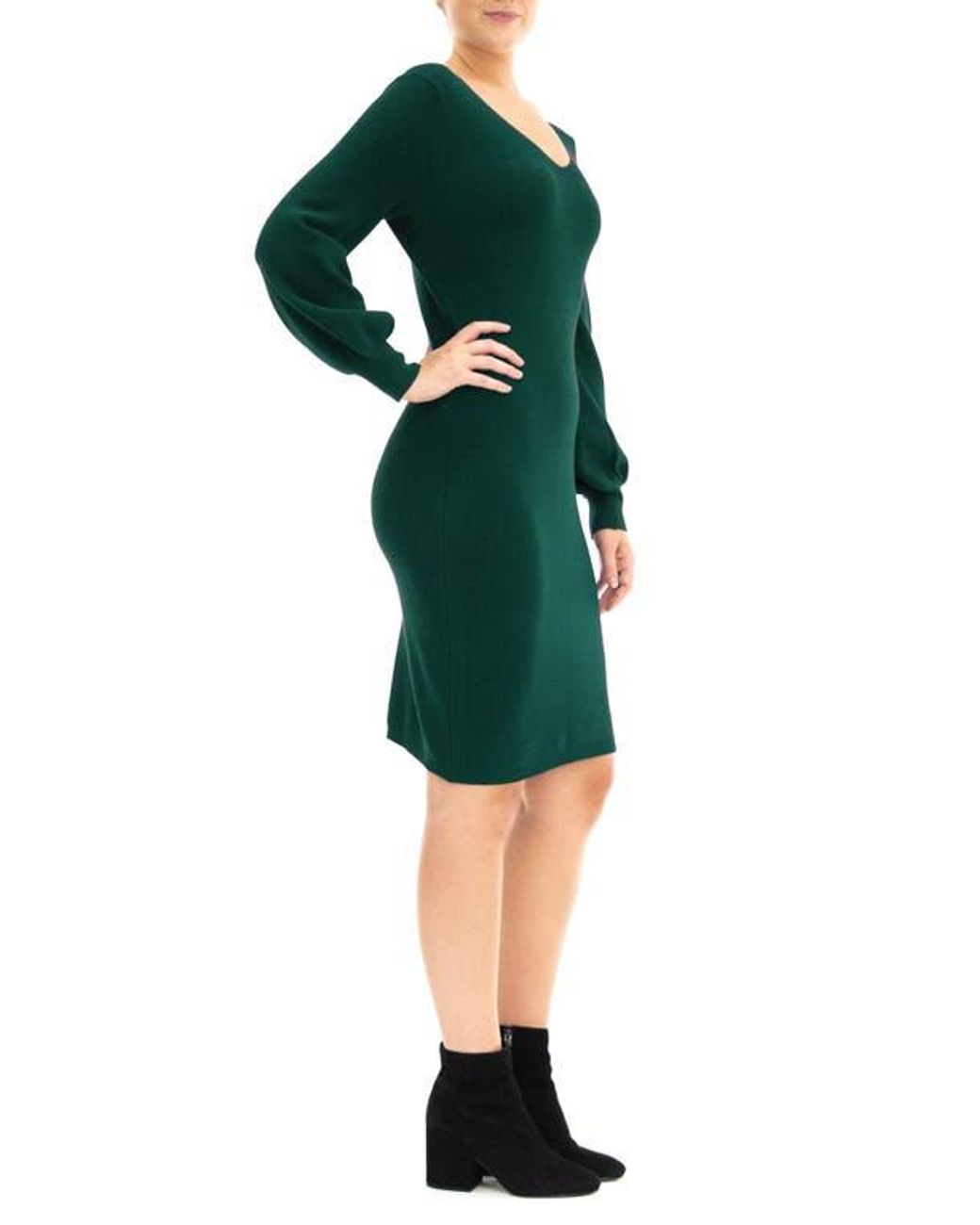 Nina Leonard V-Neck Balloon Sleeve Sweater Dress in Green | Lyst Nina Leonard V-Neck Balloon Sleeve Sweater Dress in Green | Lyst