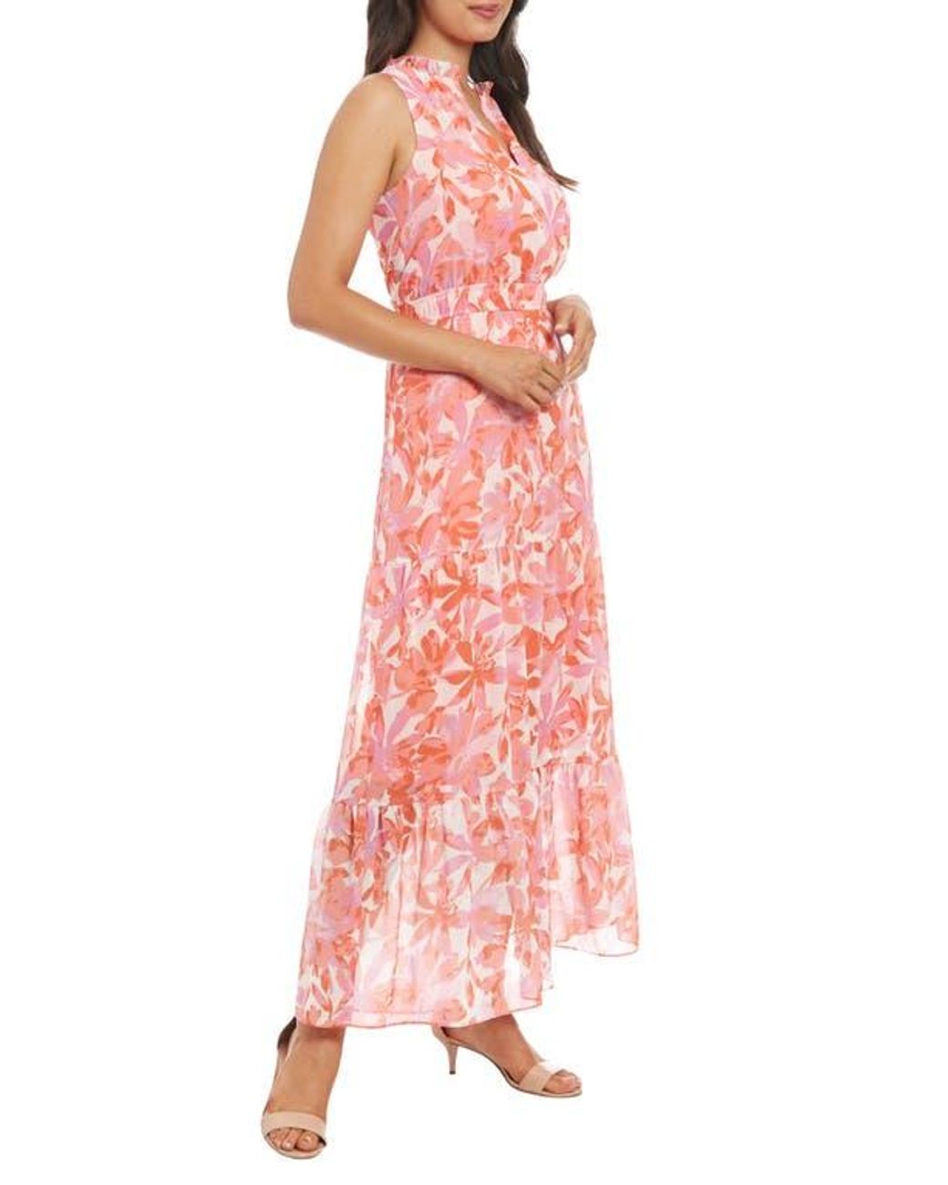 London Times Floral Sleeveless Tiered Chiffon Maxi Dress in Pink | Lyst