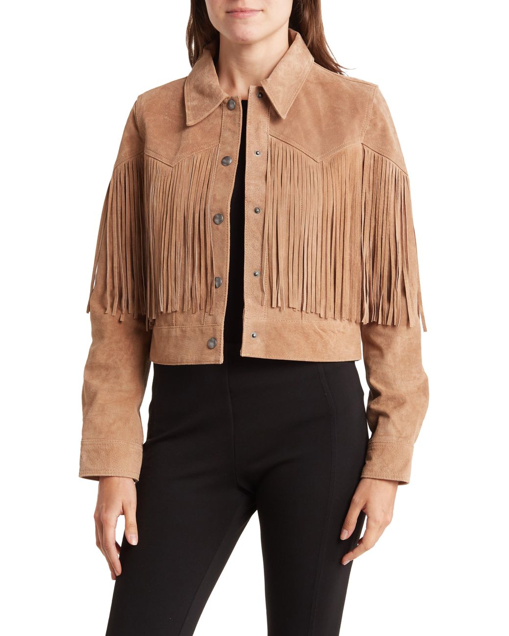 Blank NYC Suede Fringe Trucker Jacket In Almond Butter At